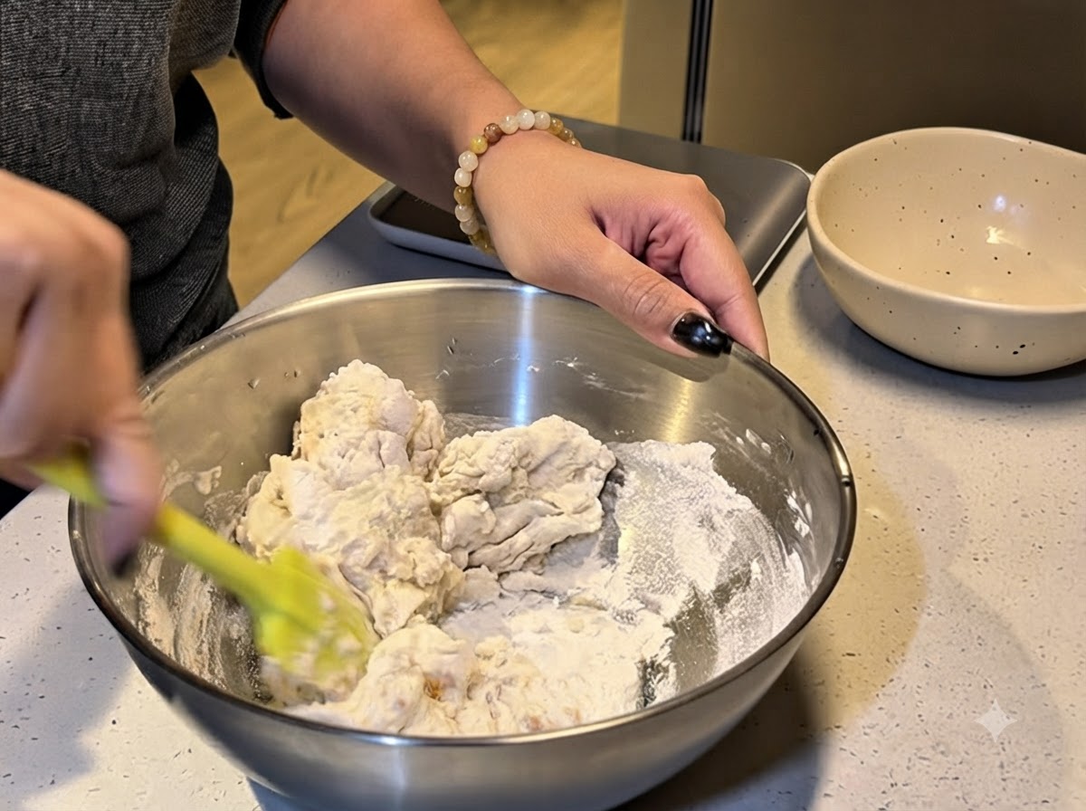 Una persona usando una espátula amarilla para mezclar los ingredientes de la masa en un bol de acero.