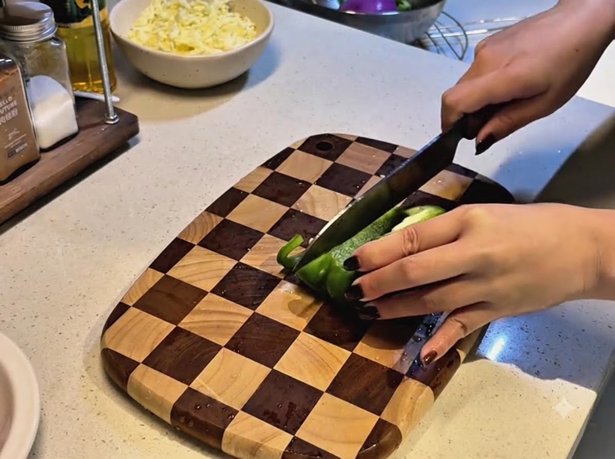 Un cuchillo de cocina cortando un pimiento verde fresco sobre una tabla de cortar de madera ajedrezada.