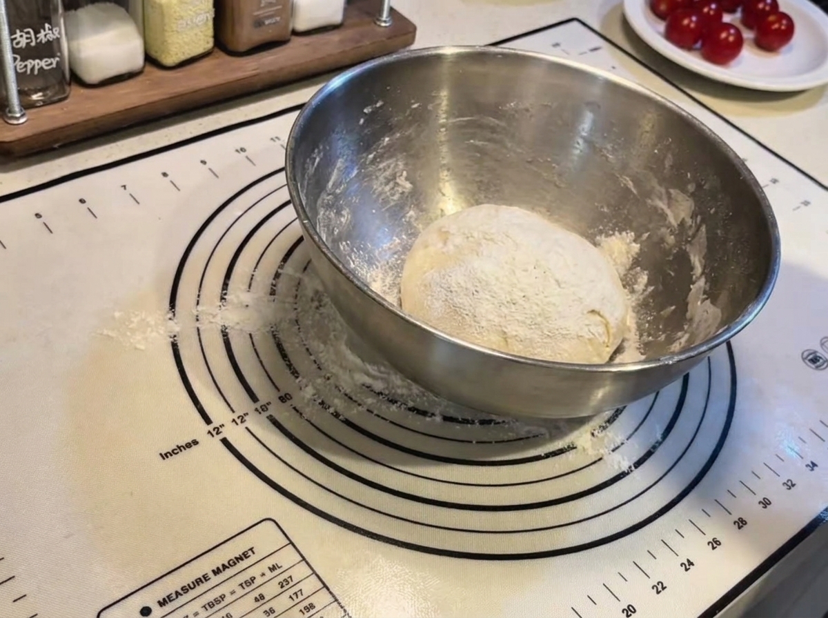 Una bola de masa de pizza espolvoreada con harina dentro de un bol de acero sobre un tapete de horneado de silicona.