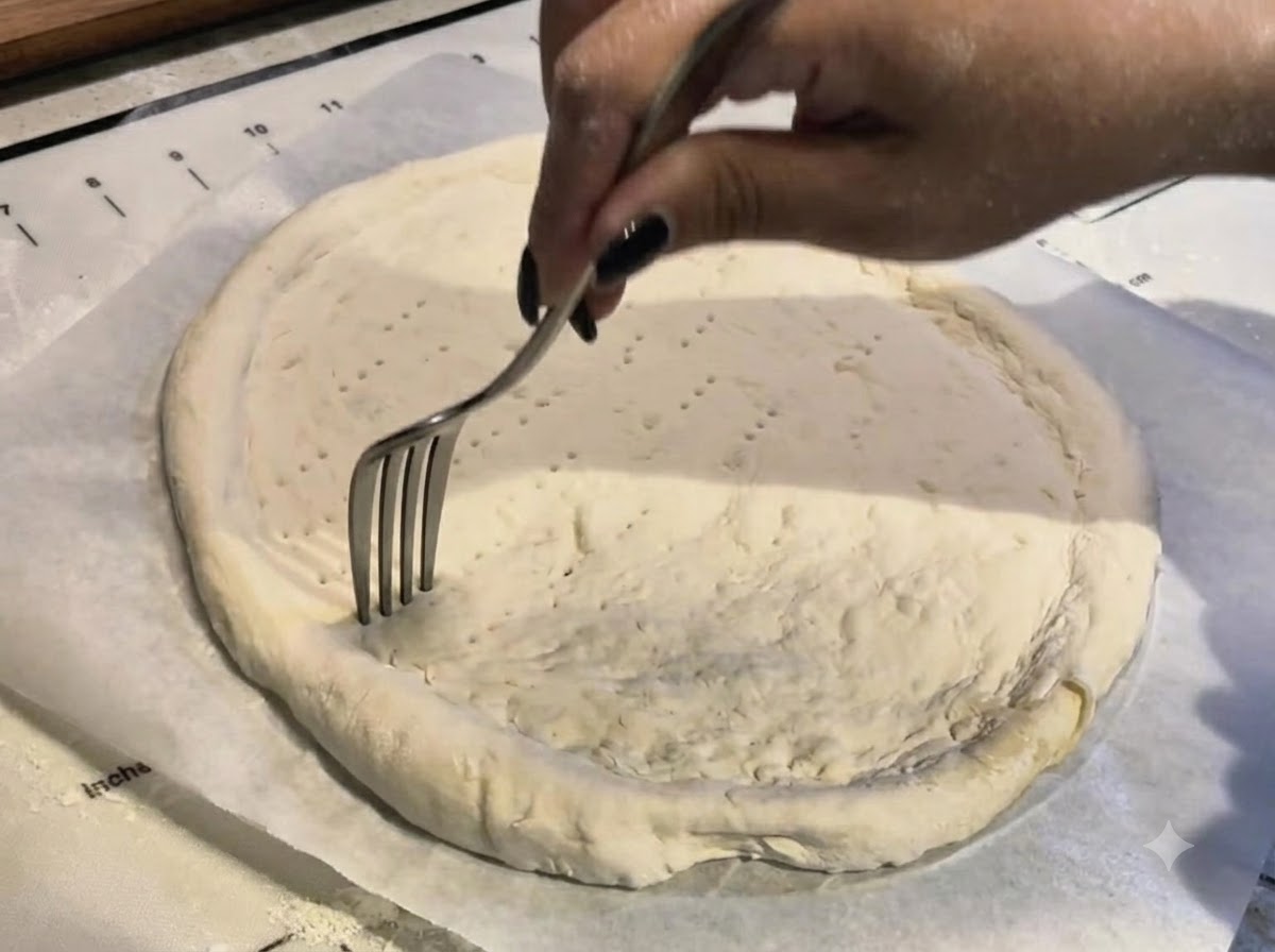 Una mano usando un tenedor de metal para hacer pequeños agujeros uniformes en el centro de una base de pizza estirada.