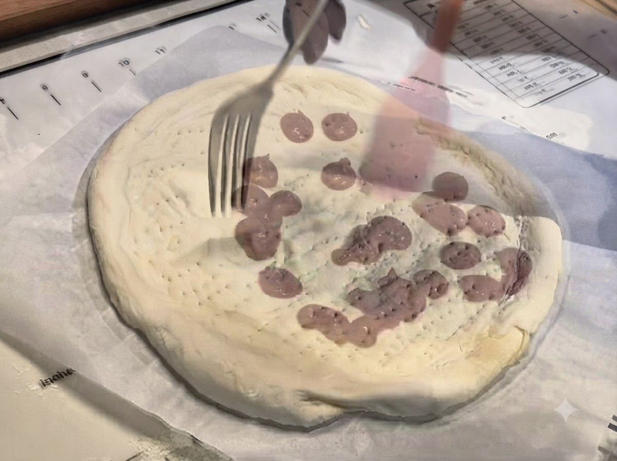 Una espátula de silicona rosa extendiendo gotas de salsa de pizza suavemente por el centro de la masa.
