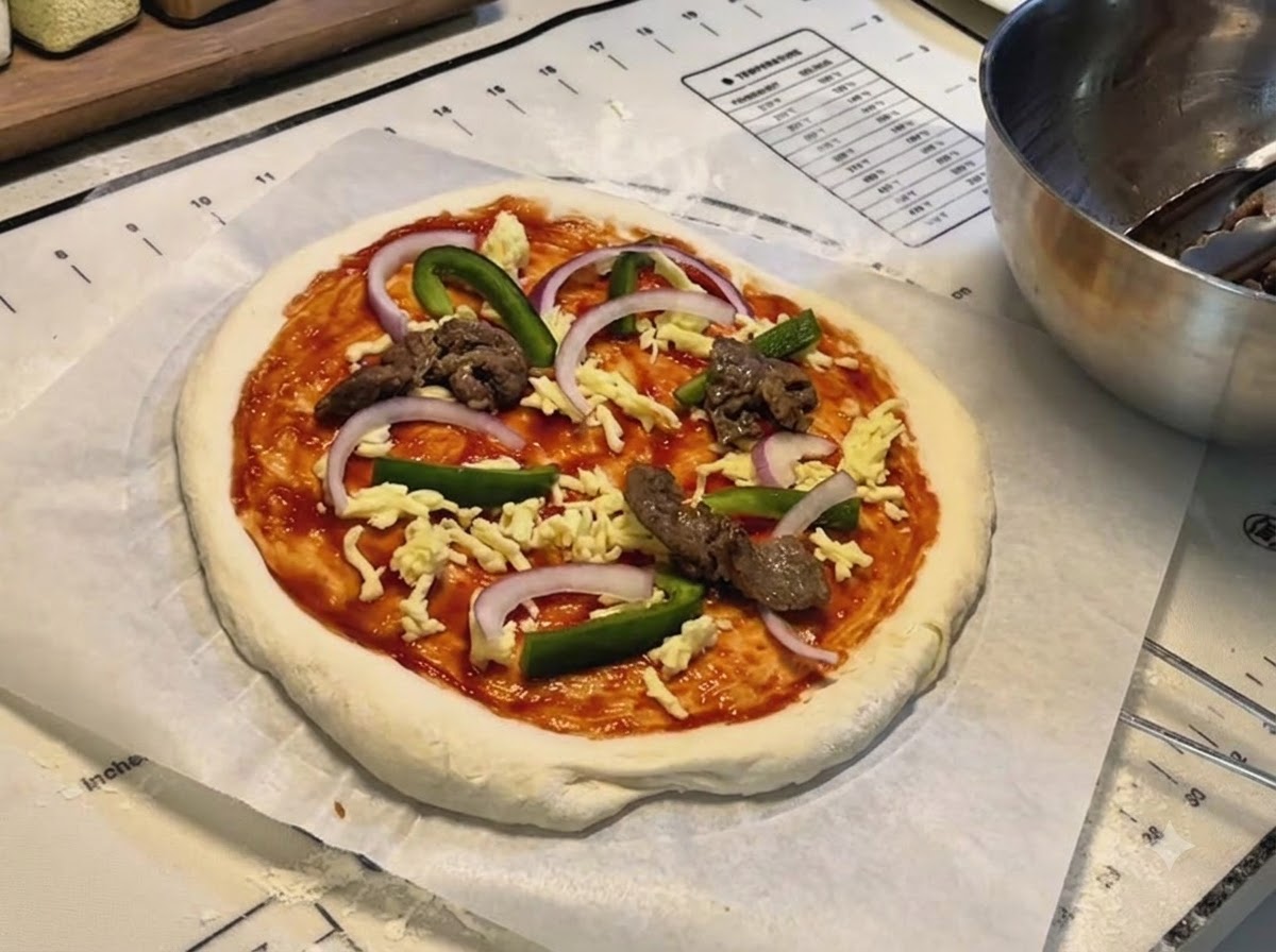 Una base de pizza con salsa, queso rallado, tiras de pimiento verde, rodajas de cebolla roja y trozos de ternera cocida.