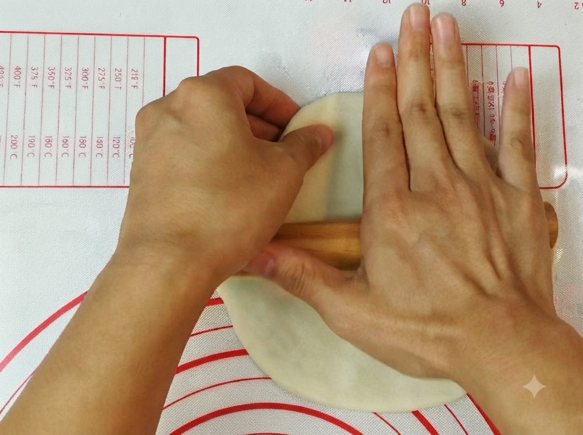 Manos usando un rodillo de madera para aplanar y dar forma a la masa de pizza sobre una alfombrilla de silicona.