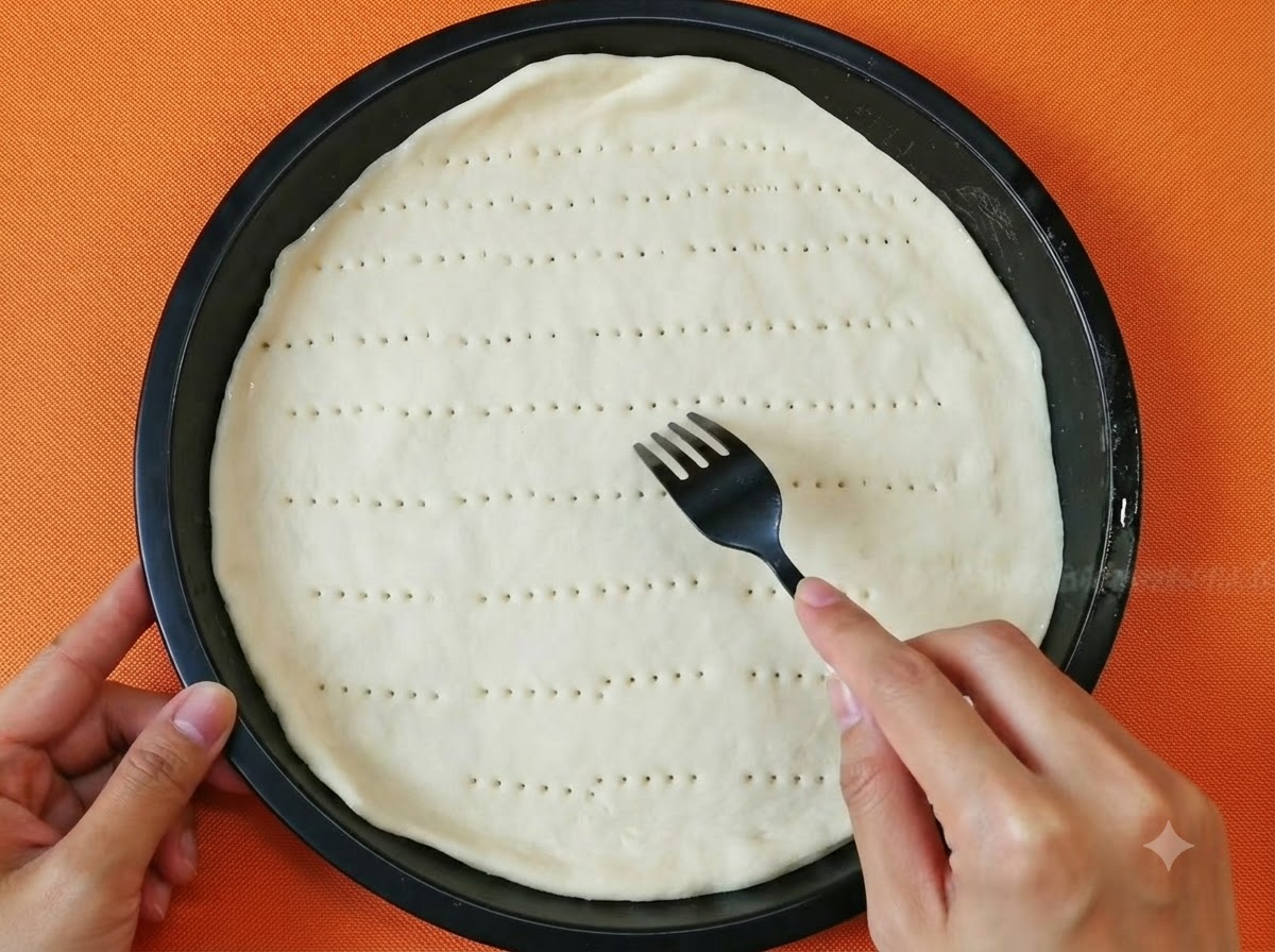 Una mano usando un tenedor de plástico negro para perforar pequeños agujeros en la masa de pizza blanca plana dentro de un molde negro.