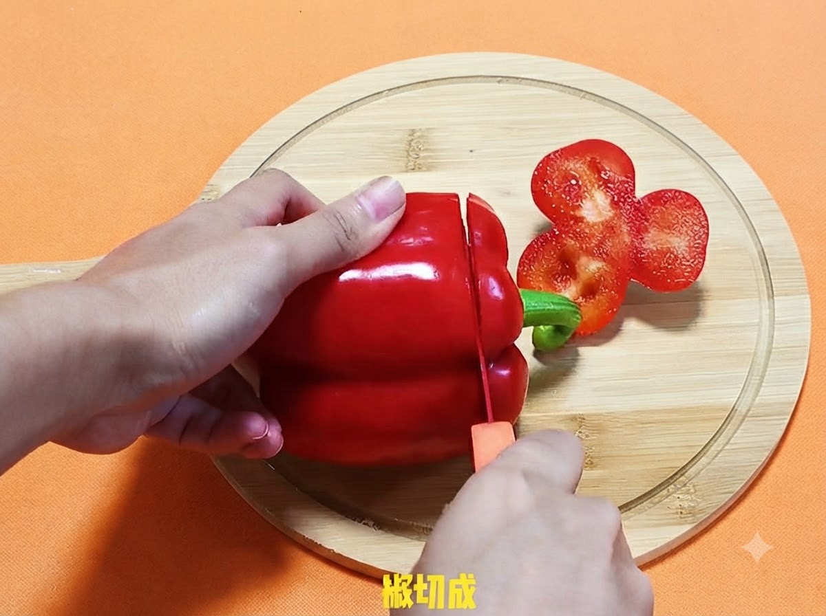 Una persona cortando un pimiento rojo grande en una tabla de cortar de madera redonda con un cuchillo pequeño de mango naranja.
