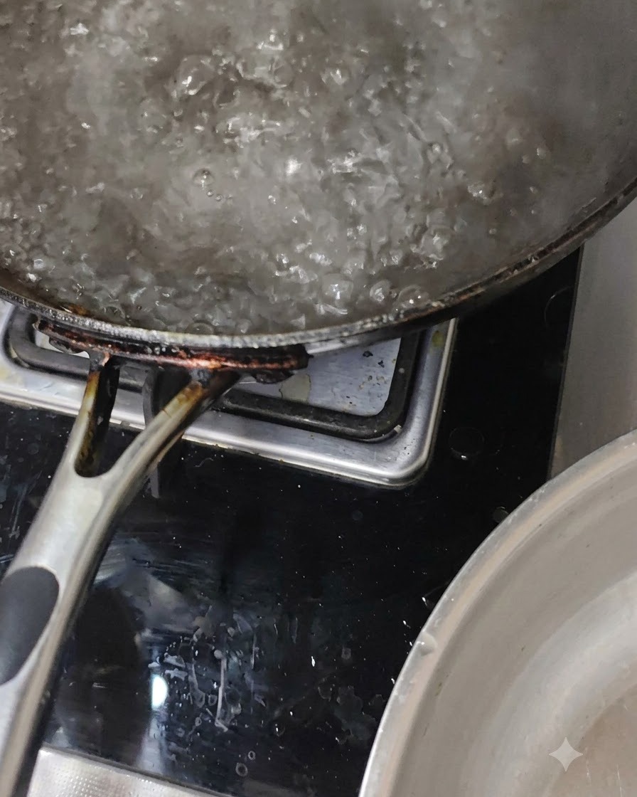 Una olla con agua hirviendo en la estufa burbujeando activamente durante el proceso de cocción.