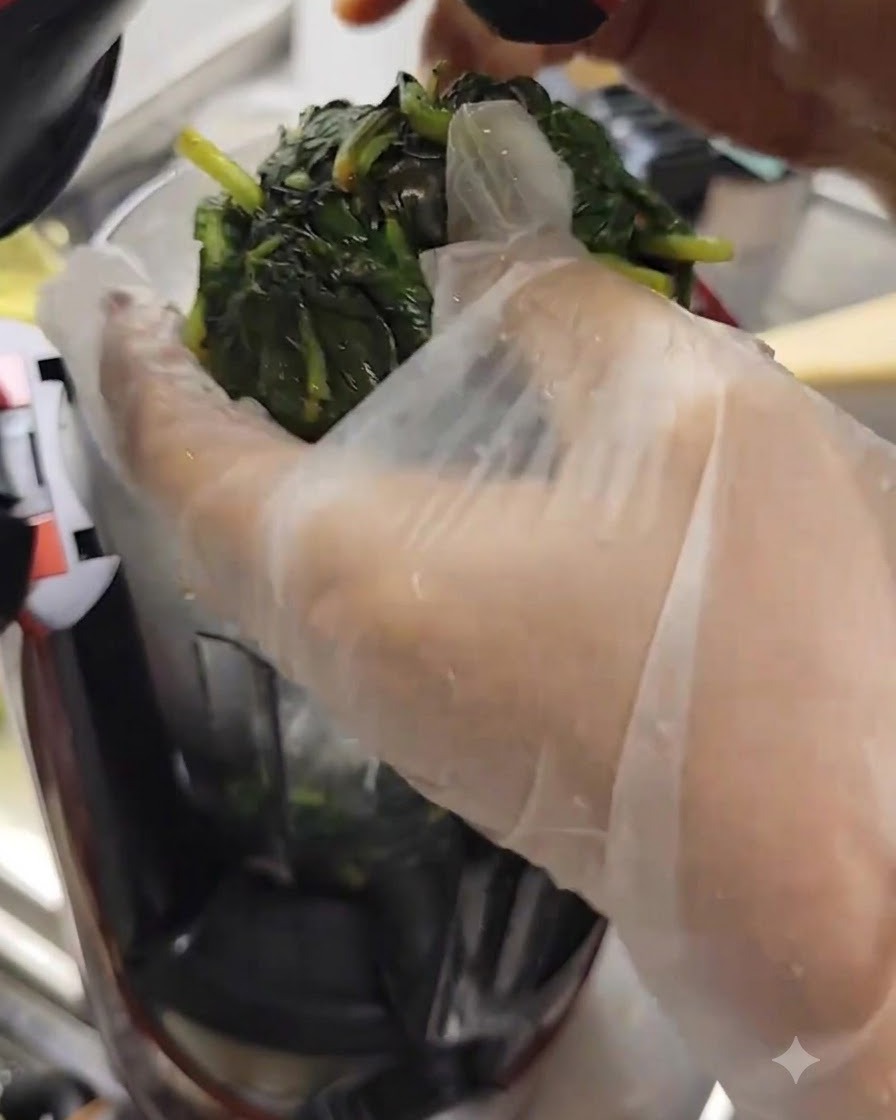 Manos con guantes exprimiendo firmemente una bola de hojas de albahaca mojadas para drenar el líquido.