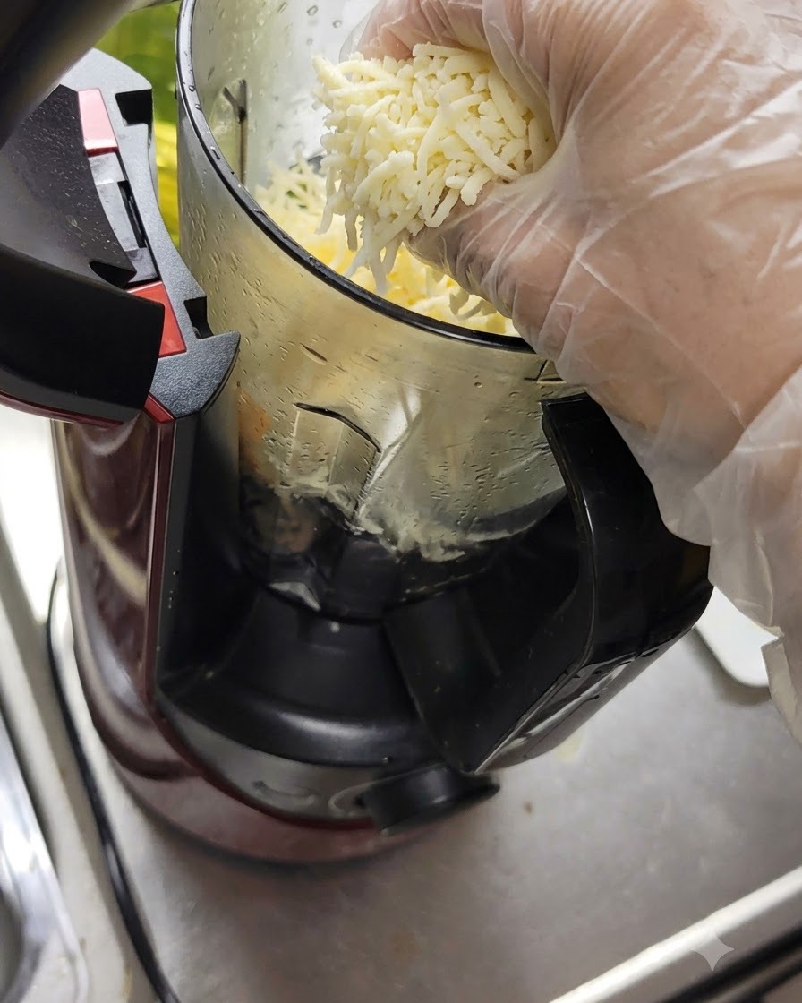 Una mano con guante añadiendo queso recién rallado en el vaso de la licuadora que contiene albahaca.