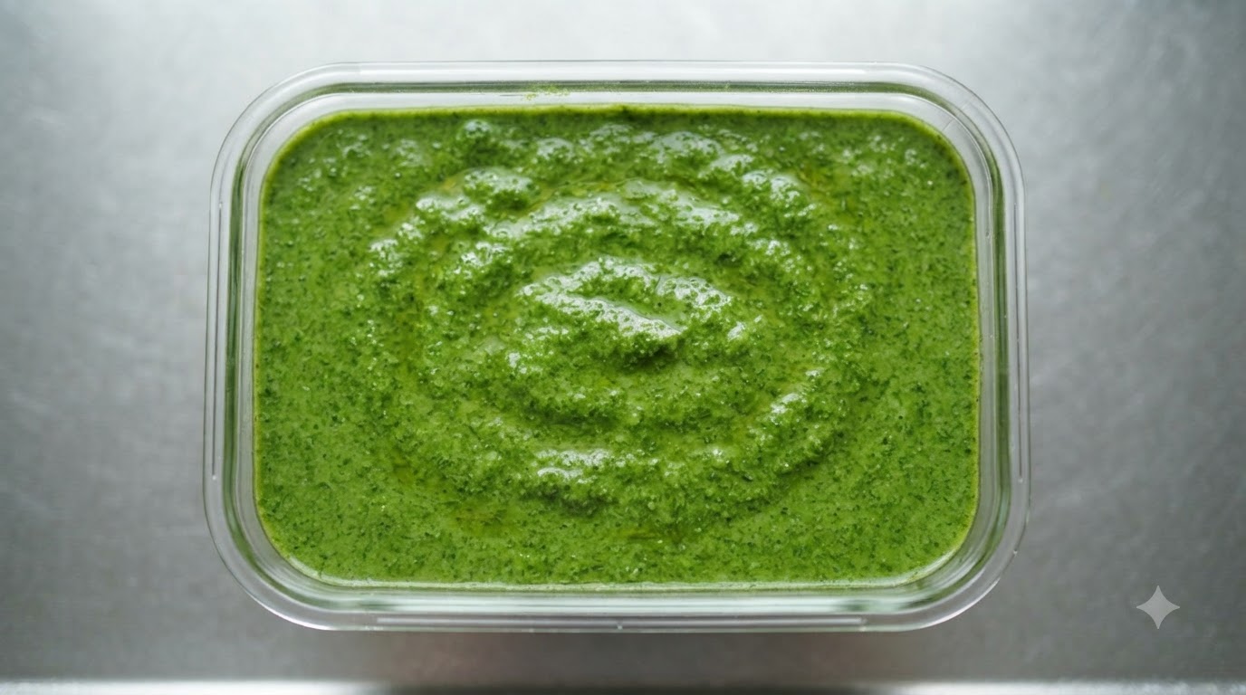Un recipiente lleno de vibrante salsa de pesto de albahaca verde casera
