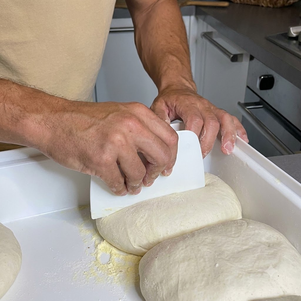 Una persona levantando una bola de masa de pizza con una rasqueta de banco desde un recipiente blanco hacia una superficie cubierta con sémola de maíz.