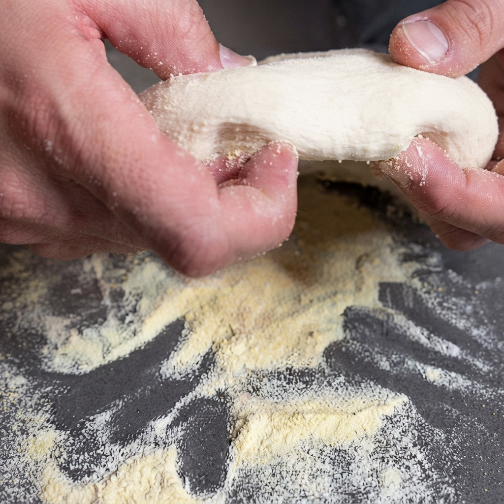 Primer plano de unas manos estirando una pieza redonda de masa de pizza en una encimera oscura salpicada de sémola de maíz.
