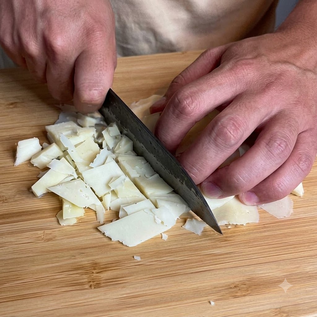 Un cuchillo cortando queso en una tabla de madera con trozos listos para ser licuados.