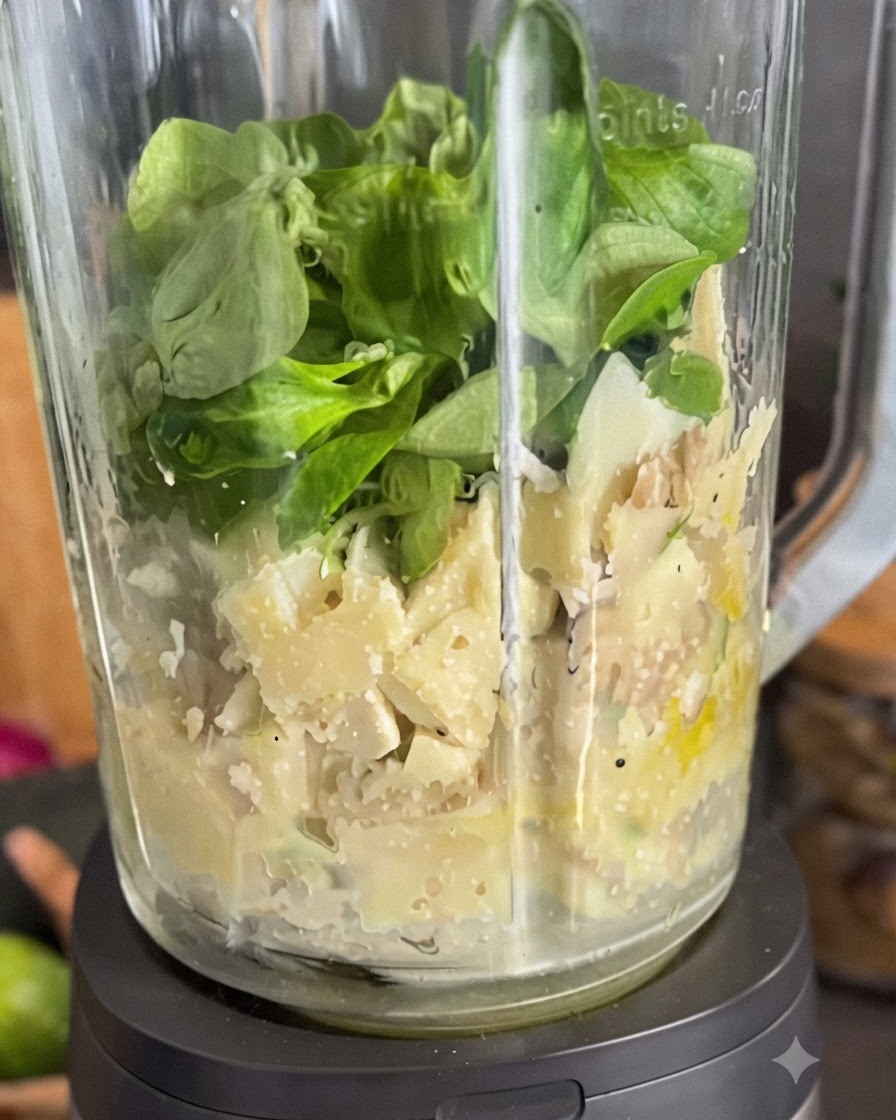 Salsa de pesto verde vibrante cayendo desde el vaso de la licuadora hacia un tarro de almacenamiento.