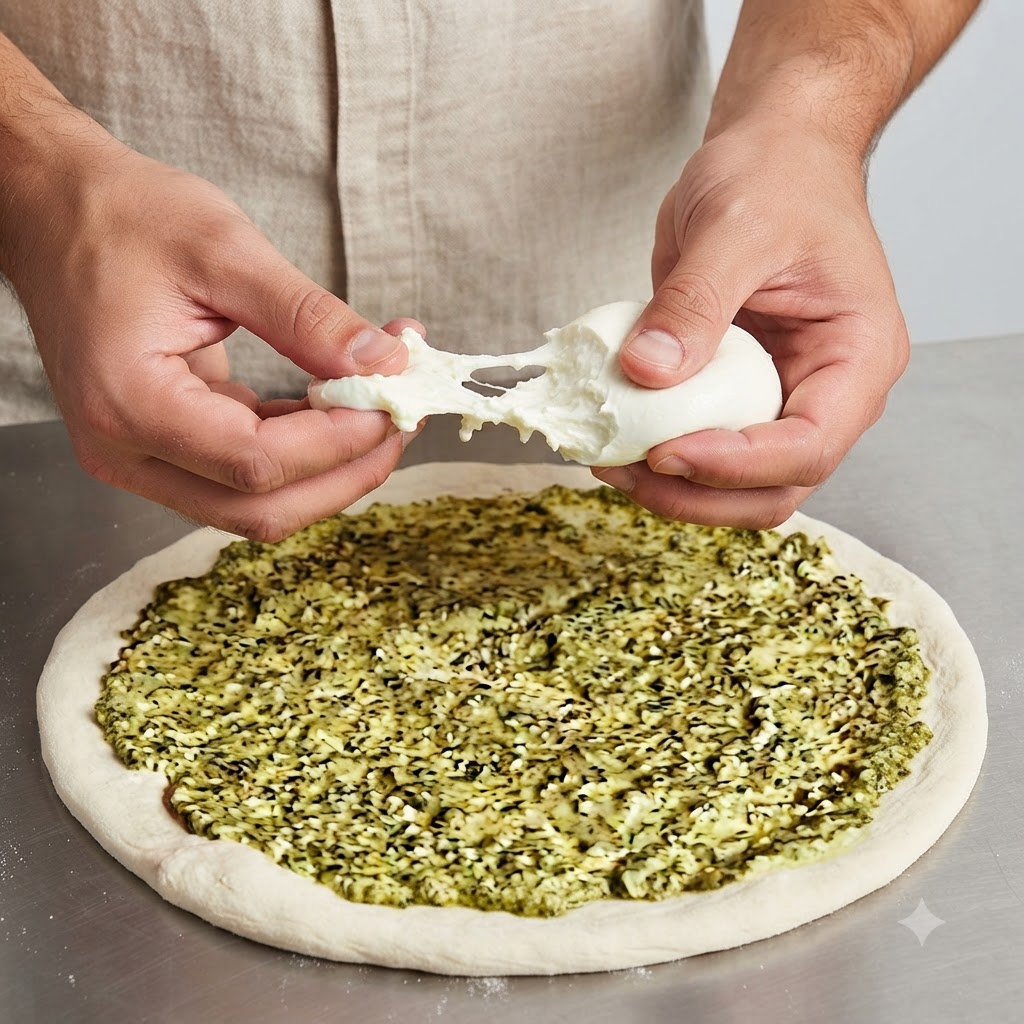 Manos desmenuzando y colocando trozos de queso blanco sobre la base de pizza cubierta de pesto.