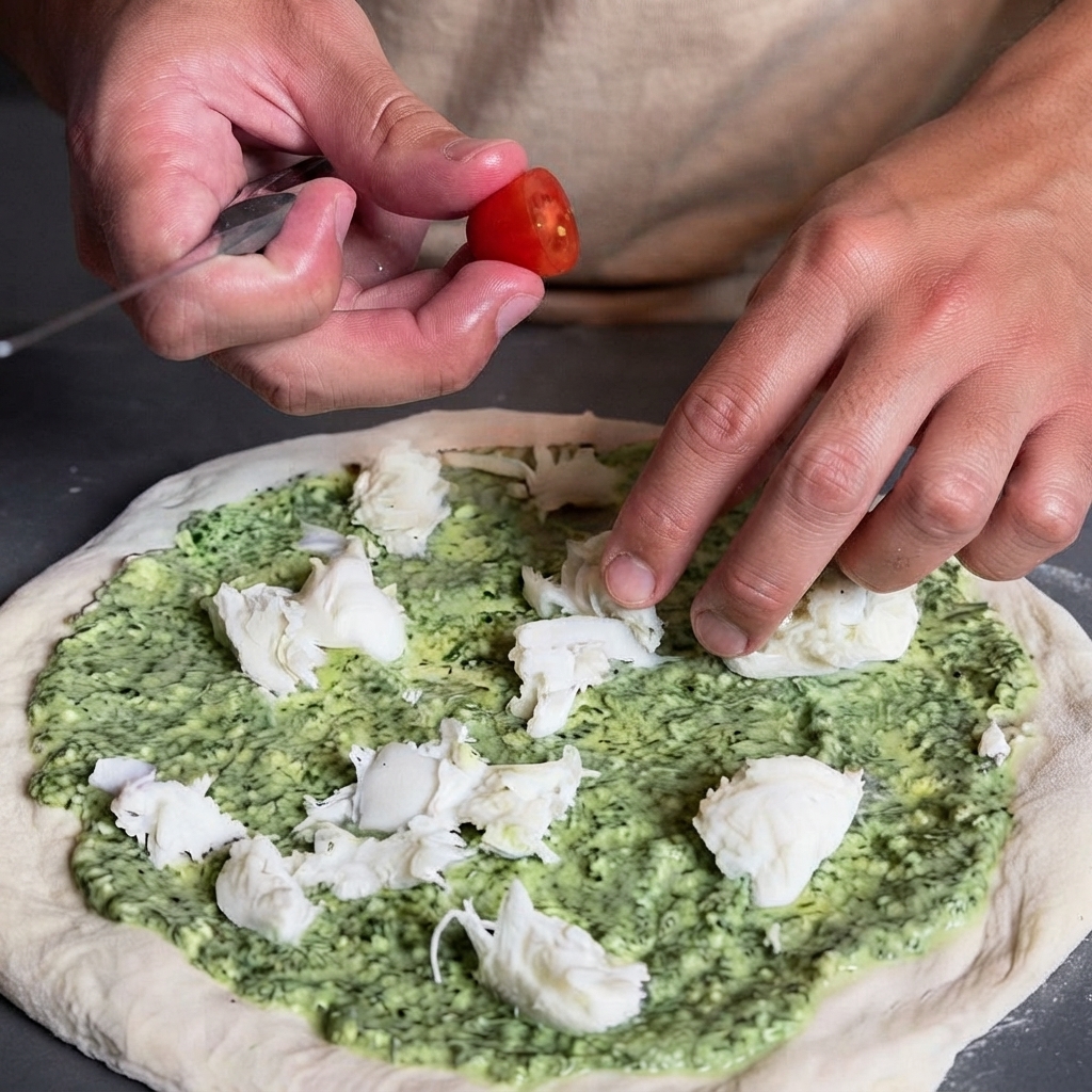Primer plano de unas manos colocando tomates cherry cortados por la mitad sobre el montaje de la pizza.