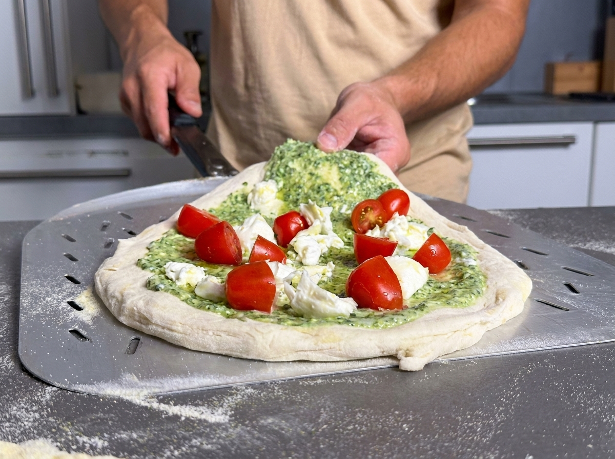 Una pala metálica transportando la pizza preparada mientras se introduce en un horno de pizza caliente.