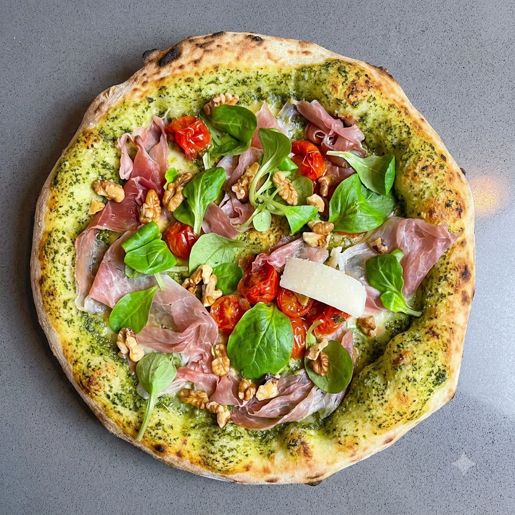Láminas finas de queso siendo ralladas sobre una pizza terminada usando un pelador.