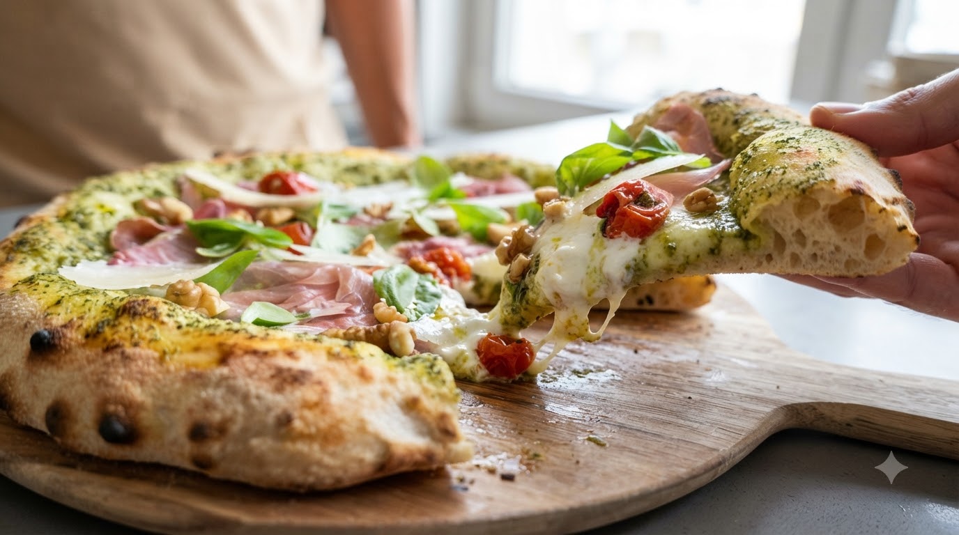 Pizza napolitana al pesto con burrata, jamón serrano y nueces