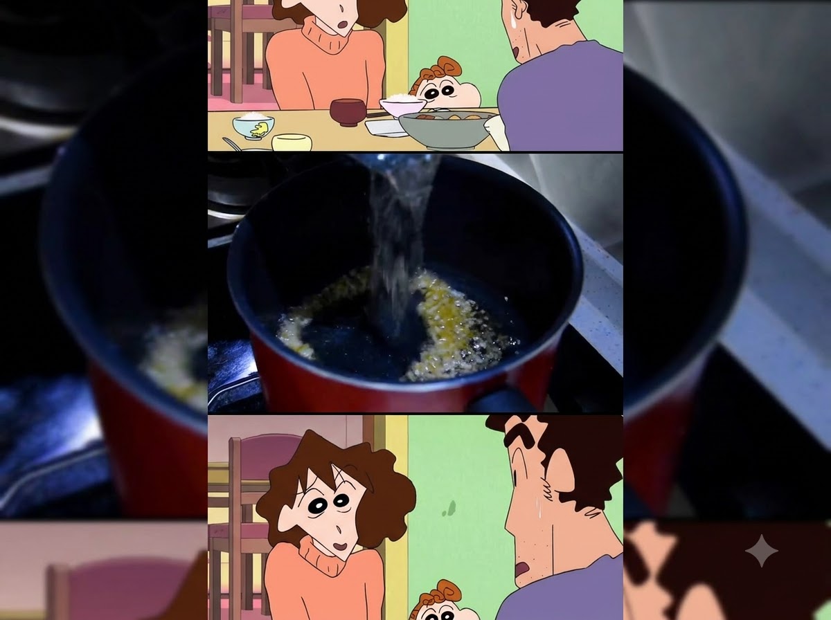 Un chorro de agua clara vertido desde una jarra en una olla de cocina roja que contiene aromáticos salteados.