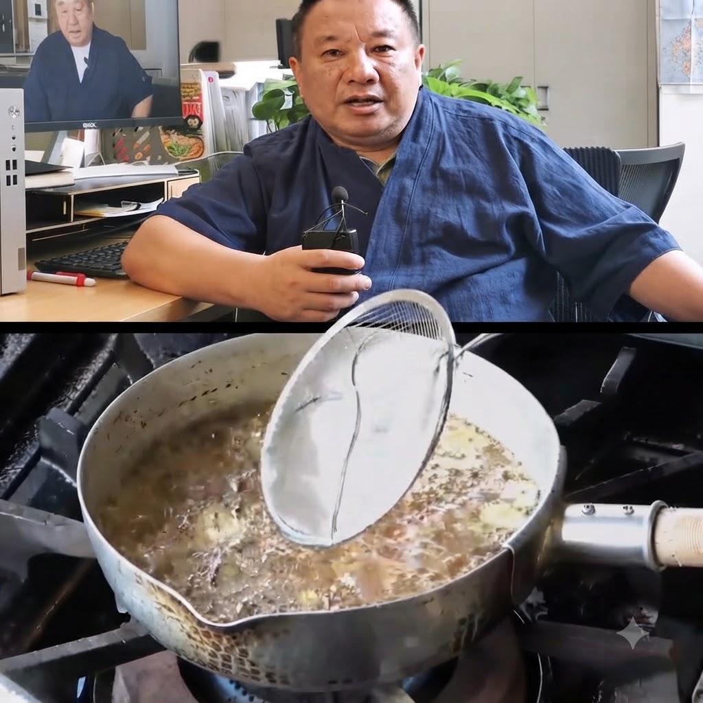 Rodajas finas de ajo friéndose en una mezcla de aceite burbujeante dentro de una olla de metal.