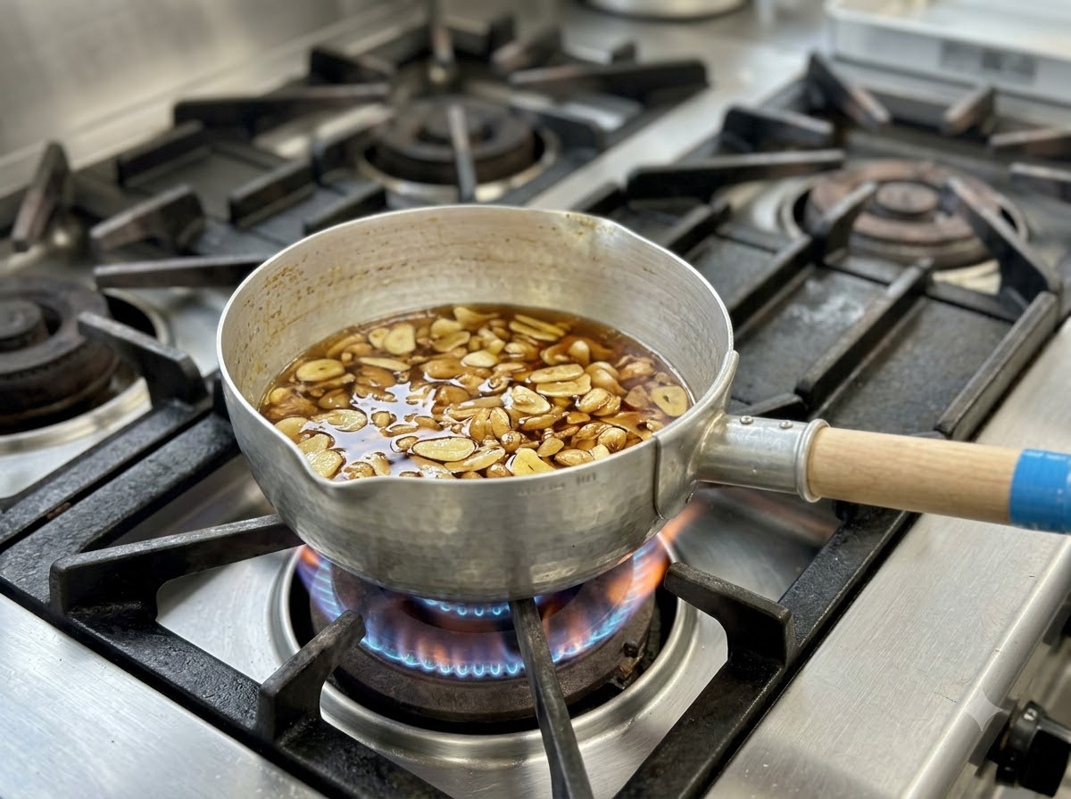 Rodajas de ajo cociéndose a fuego lento en aceite dentro de una cacerola de aluminio sobre un quemador de gas.