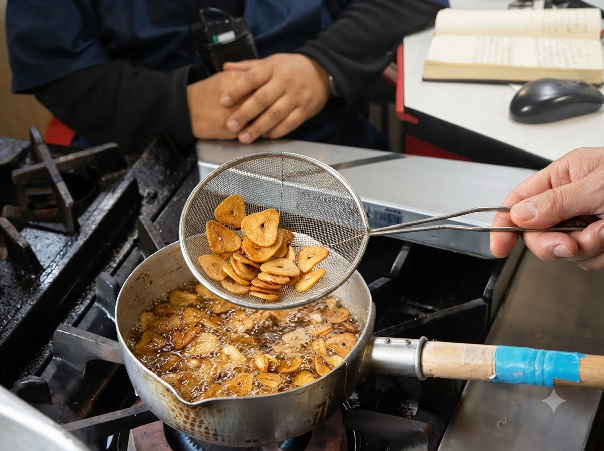 Un colador sacando rodajas de ajo de color marrón dorado del aceite hirviendo en una cacerola.