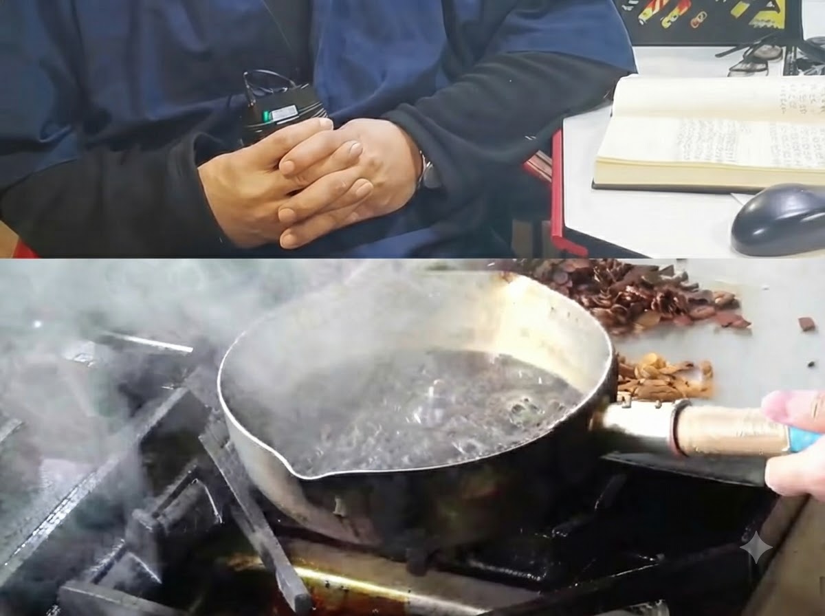 Rodajas de ajo negro carbonizadas siendo levantadas del aceite oscuro burbujeante en una cacerola.