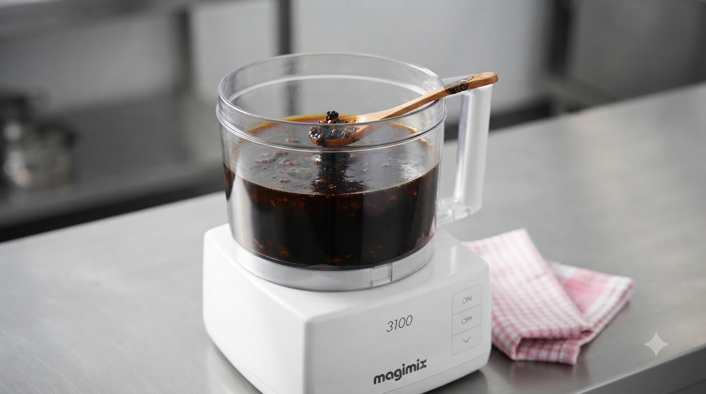 Una toma de cerca del recipiente de un procesador de alimentos lleno de aceite de ajo negro fresco y rico, con una cuchara apoyada cerca del recipiente.