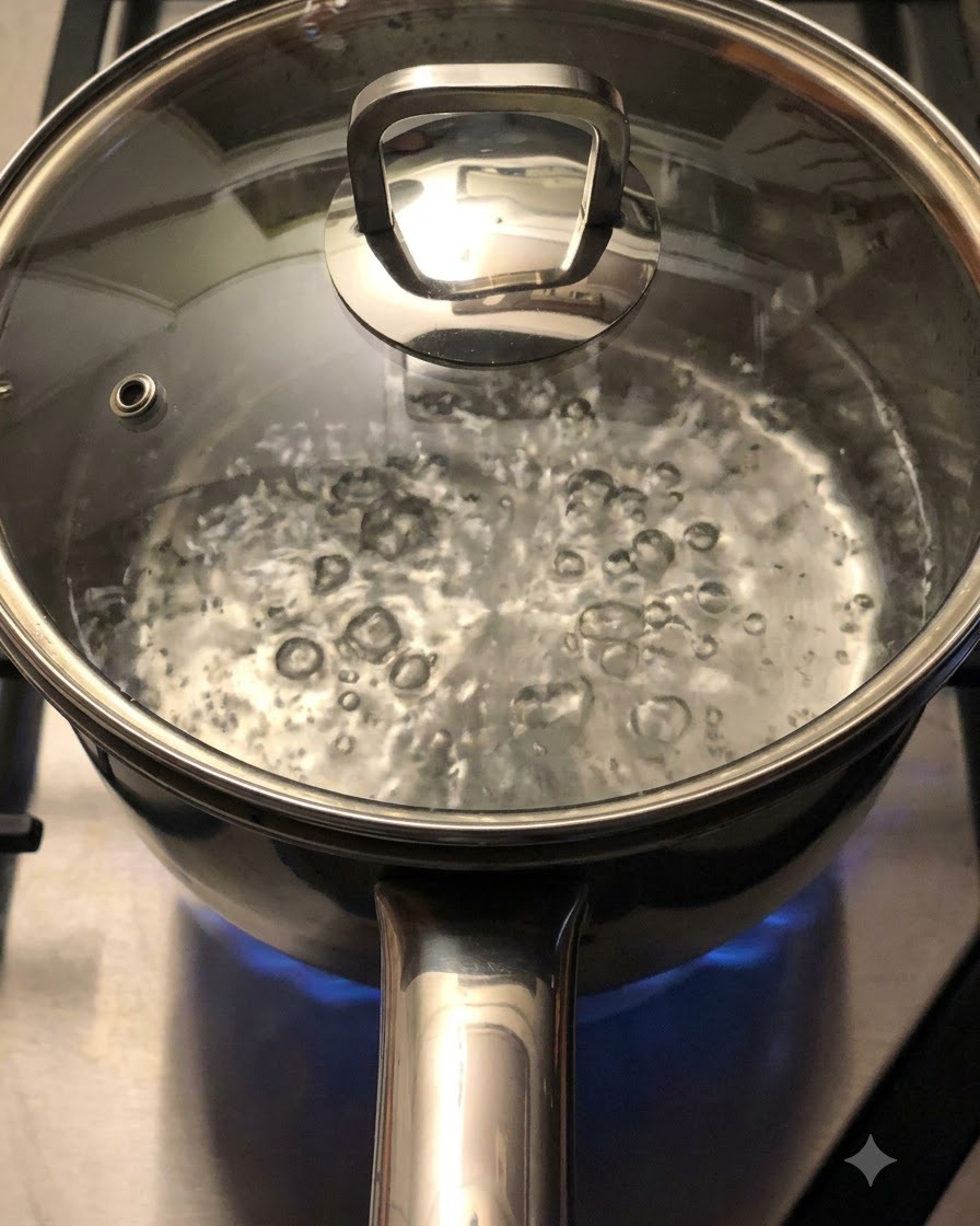 Una tapa de vidrio transparente colocada sobre una olla de agua hirviendo que burbujea activamente en la hornilla de una estufa.