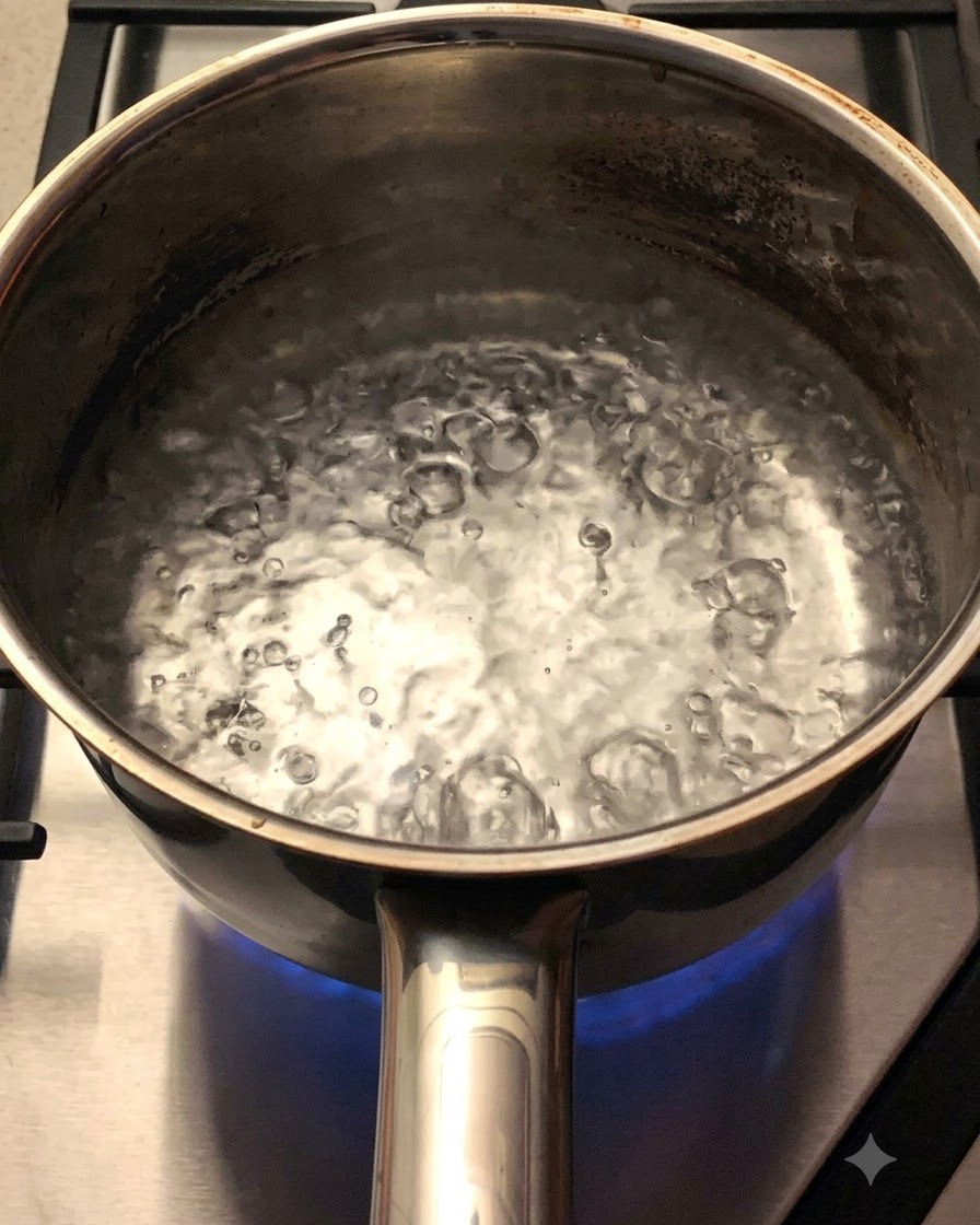 Un bloque de fideos secos hirviendo dentro de una olla con agua caliente en la estufa.