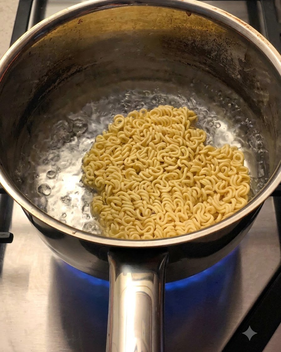 Un bloque de fideos secos hirviendo en una olla con sazonador y copos de vegetales esparcidos sobre ellos.