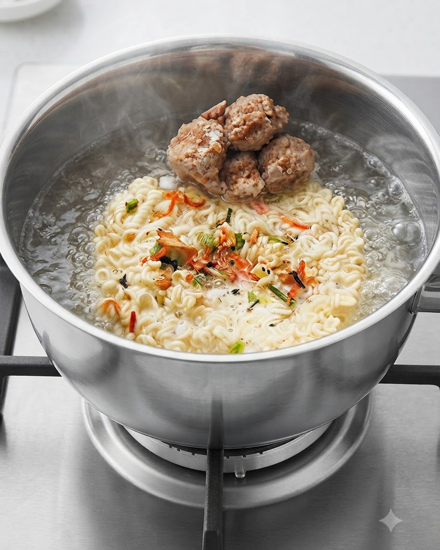 Albóndigas caseras reposando sobre el bloque de fideos dentro de la olla de agua hirviendo.