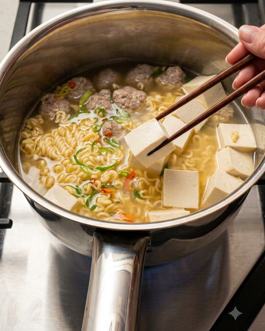 Kimchi en rodajas siendo agregado a la olla de fideos, albóndigas y tofu con palillos sosteniendo un trozo de tofu.