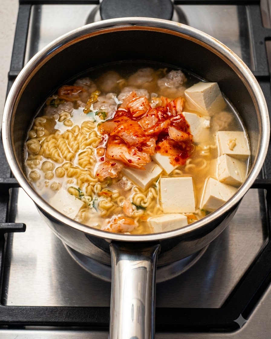 Polvo sazonador rociado desde un paquete pequeño directamente en una olla llena de caldo, fideos, tofu y kimchi.