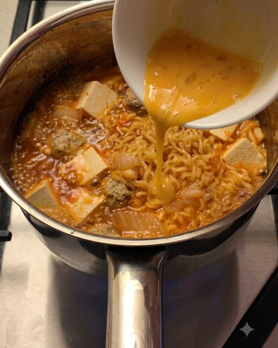 Huevo batido fluyendo en un chorro constante desde un tazón blanco hacia la sopa de ramen burbujeante con fideos y tofu.