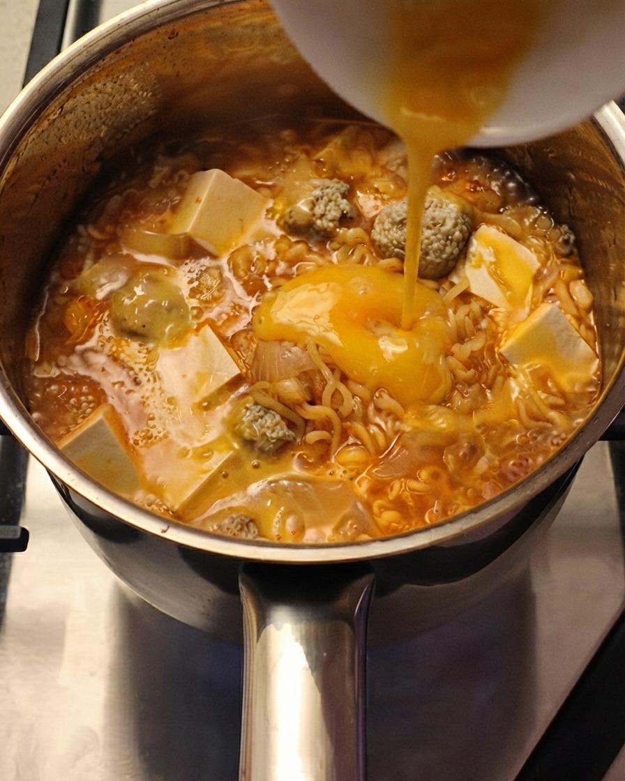 Cebollas verdes picadas esparciéndose sobre una olla humeante de fideos y sopa de huevo.