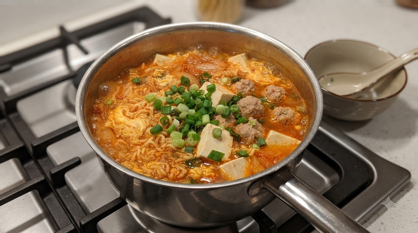 Una olla burbujeante de kimchi Shin Ramyun cargada de albóndigas, cubos de tofu blando, gotas de huevo y cebollas verdes frescas