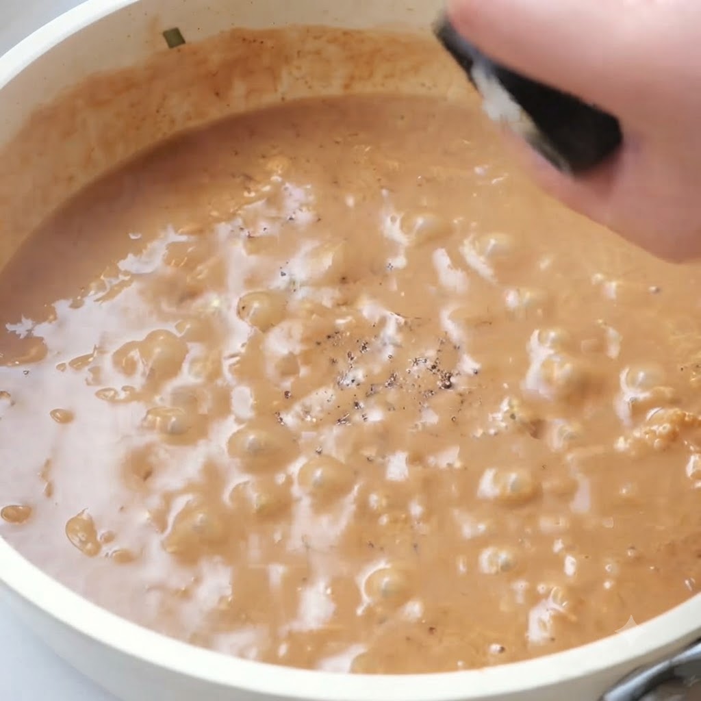 Salsa burbujeando a fuego lento en una sartén con pimienta negra espolvoreada encima.