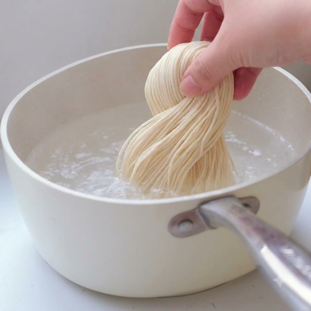 Un paquete de fideos ramen siendo sumergido en una olla con agua hirviendo.