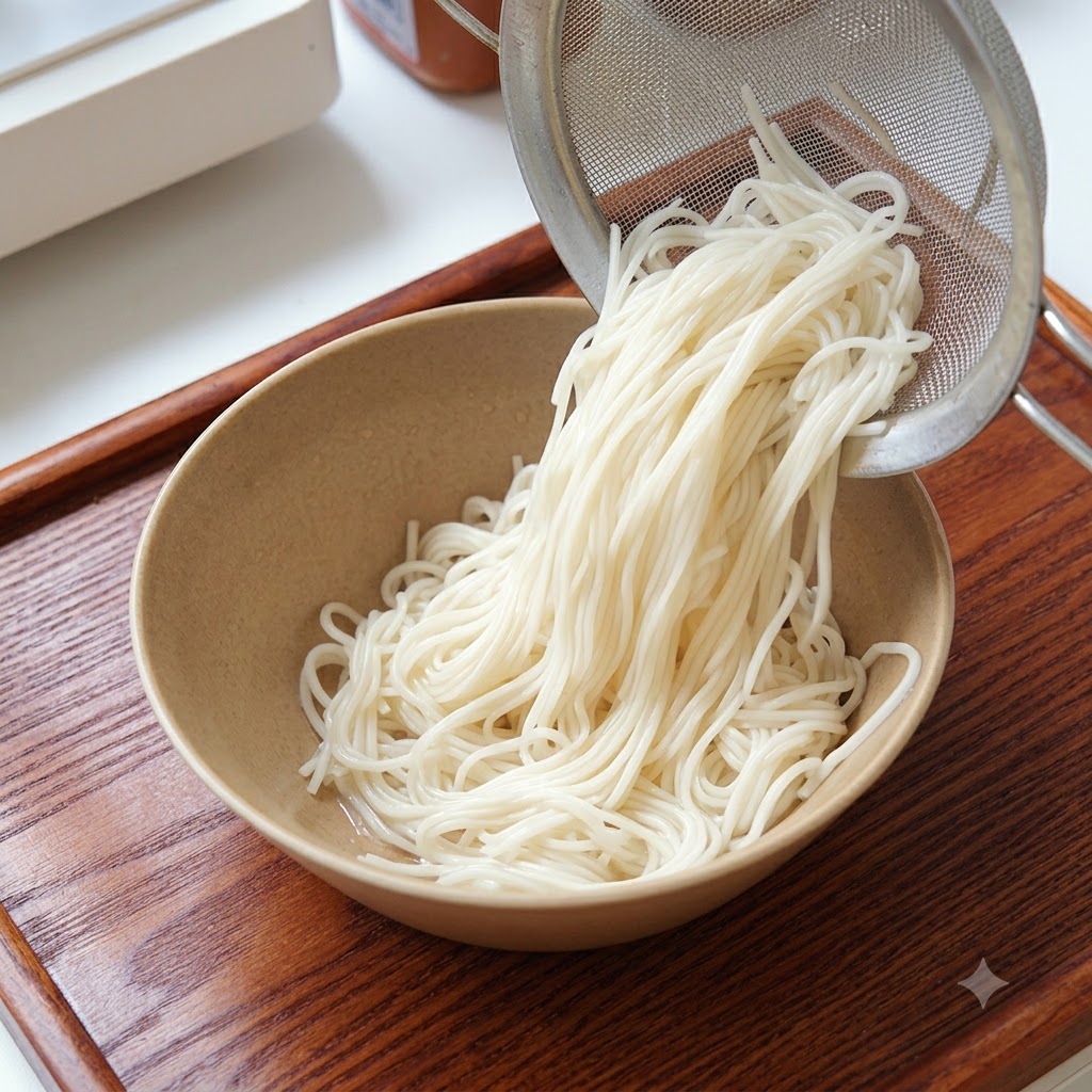 Fideos cocidos siendo vertidos desde un colador hacia un bol.