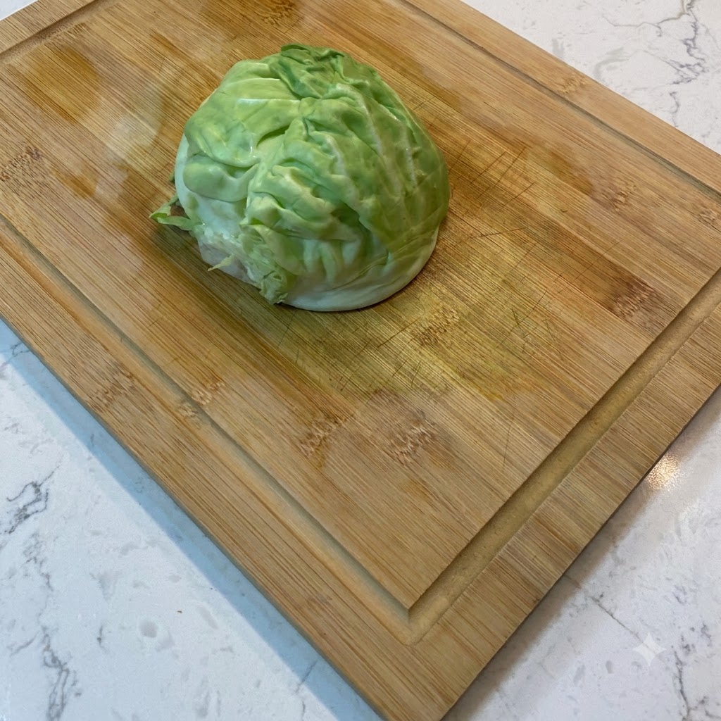 Repollo fresco siendo cortado en tiras finas sobre una tabla de cortar de madera.