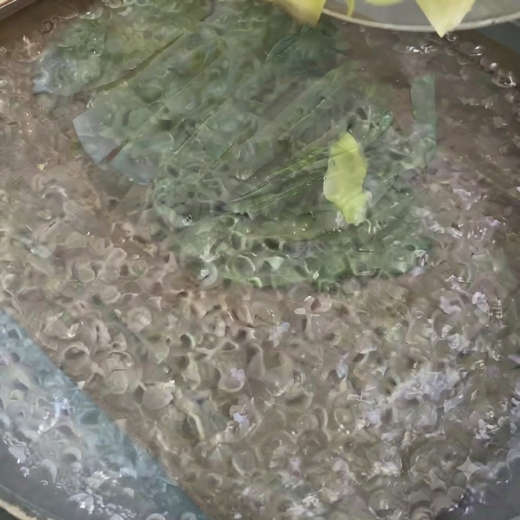 Repollo y rábano picados hirviendo en una olla con agua.