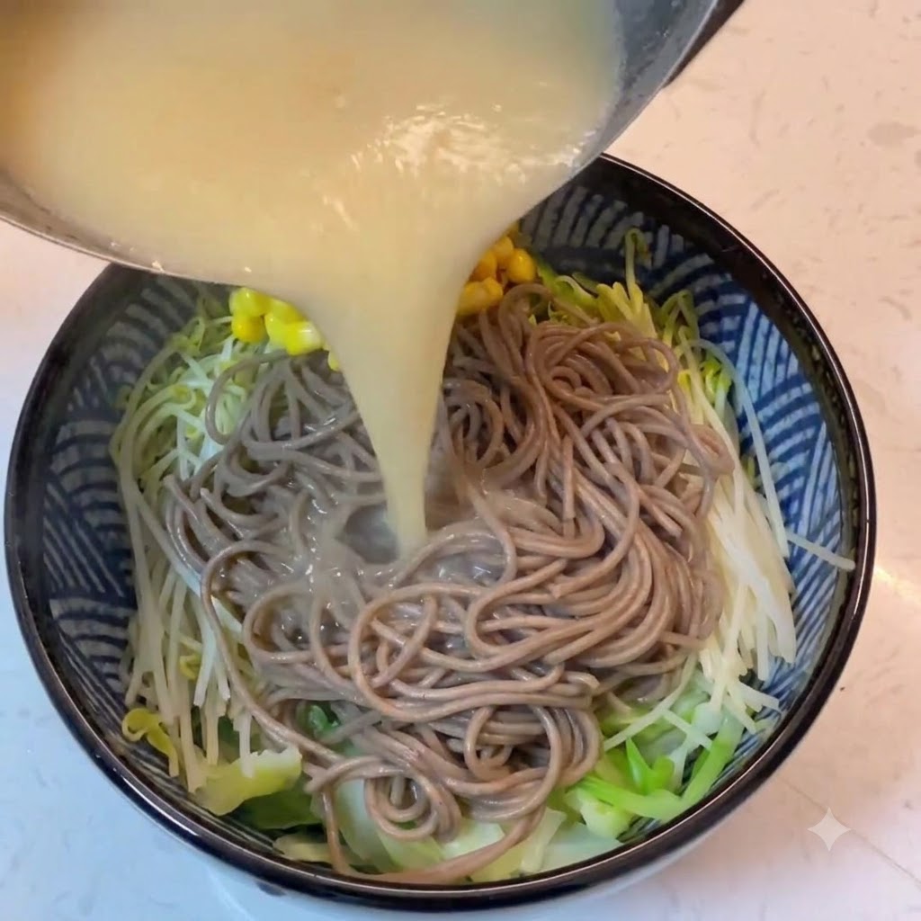Caldo de miso blanco caliente y granos de maíz amarillo siendo vertidos desde una olla en un tazón de fideos y verduras.
