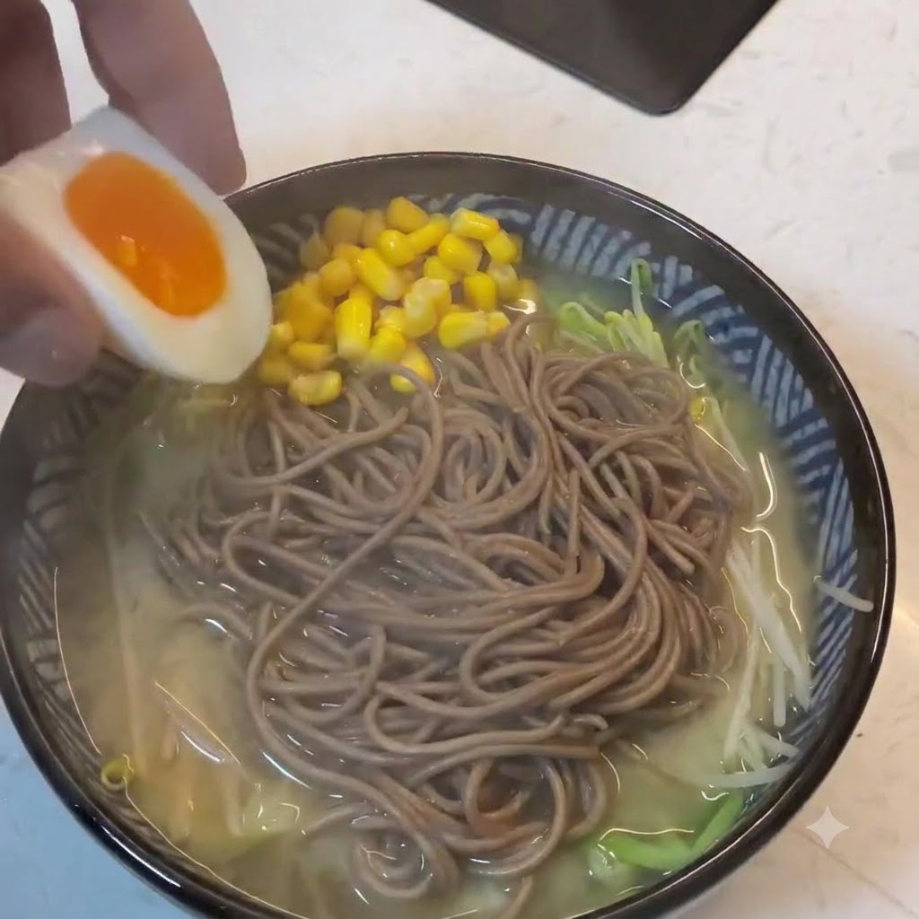 Una mano colocando un huevo pasado por agua cortado por la mitad con una yema naranja intensa encima del tazón preparado de ramen de miso con trigo sarraceno.
