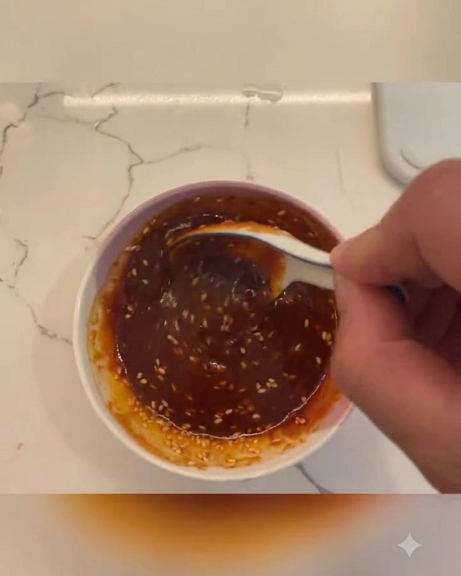Un tazón pequeño lleno de una mezcla de salsa de color rojo oscuro y semillas de sésamo siendo removida con una cuchara.