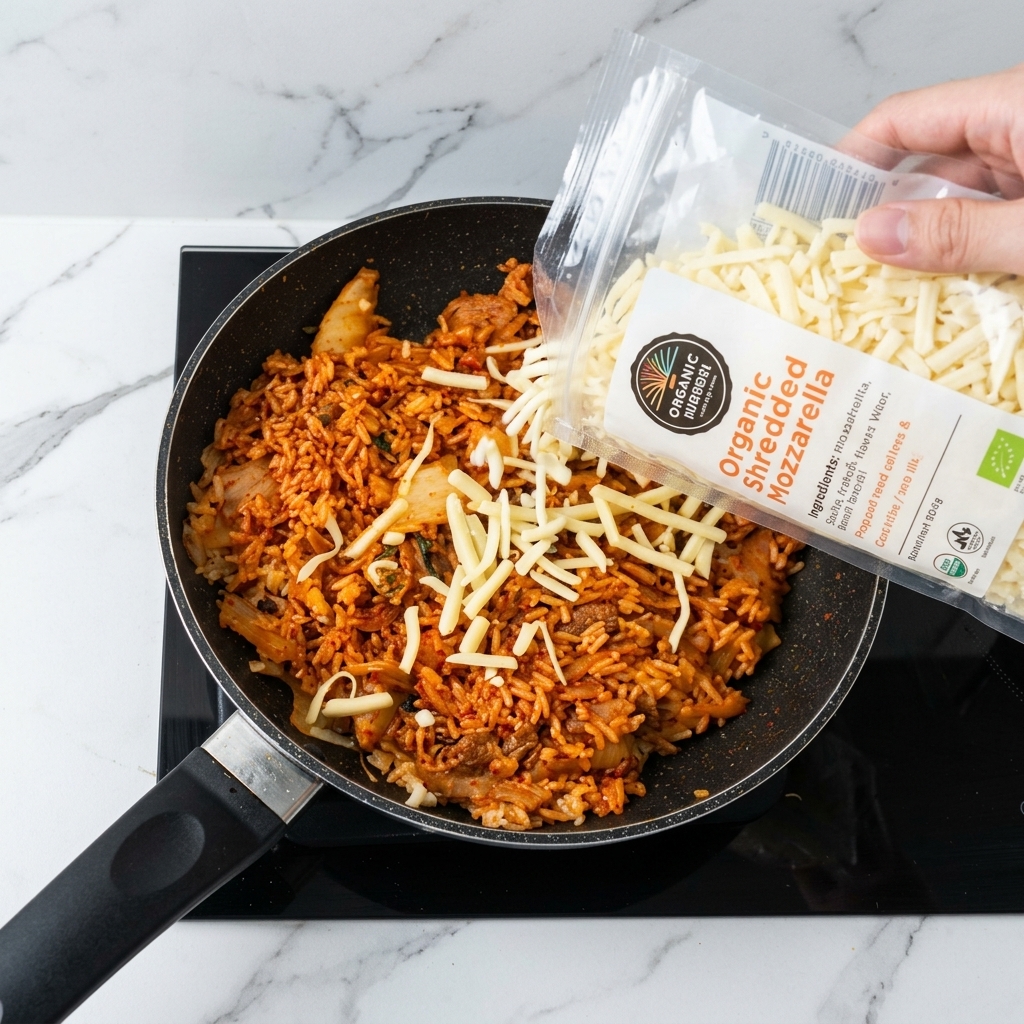 Queso mozzarella rallado siendo vertido desde una bolsa abierta directamente sobre la parte superior del arroz frito caliente.