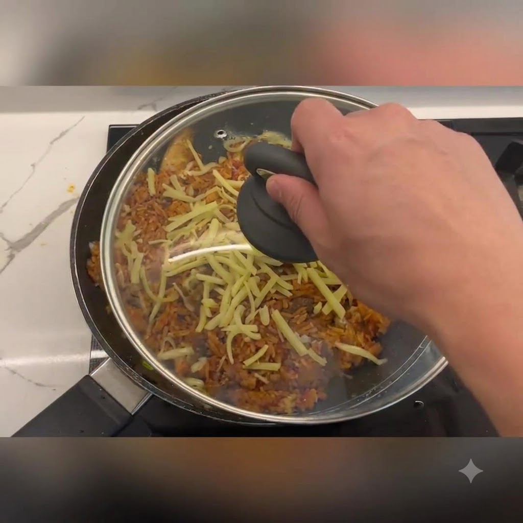 Una mano sosteniendo la tapa de cristal por su asa oscura, colocándola firmemente sobre una sartén llena de arroz frito y queso rallado.