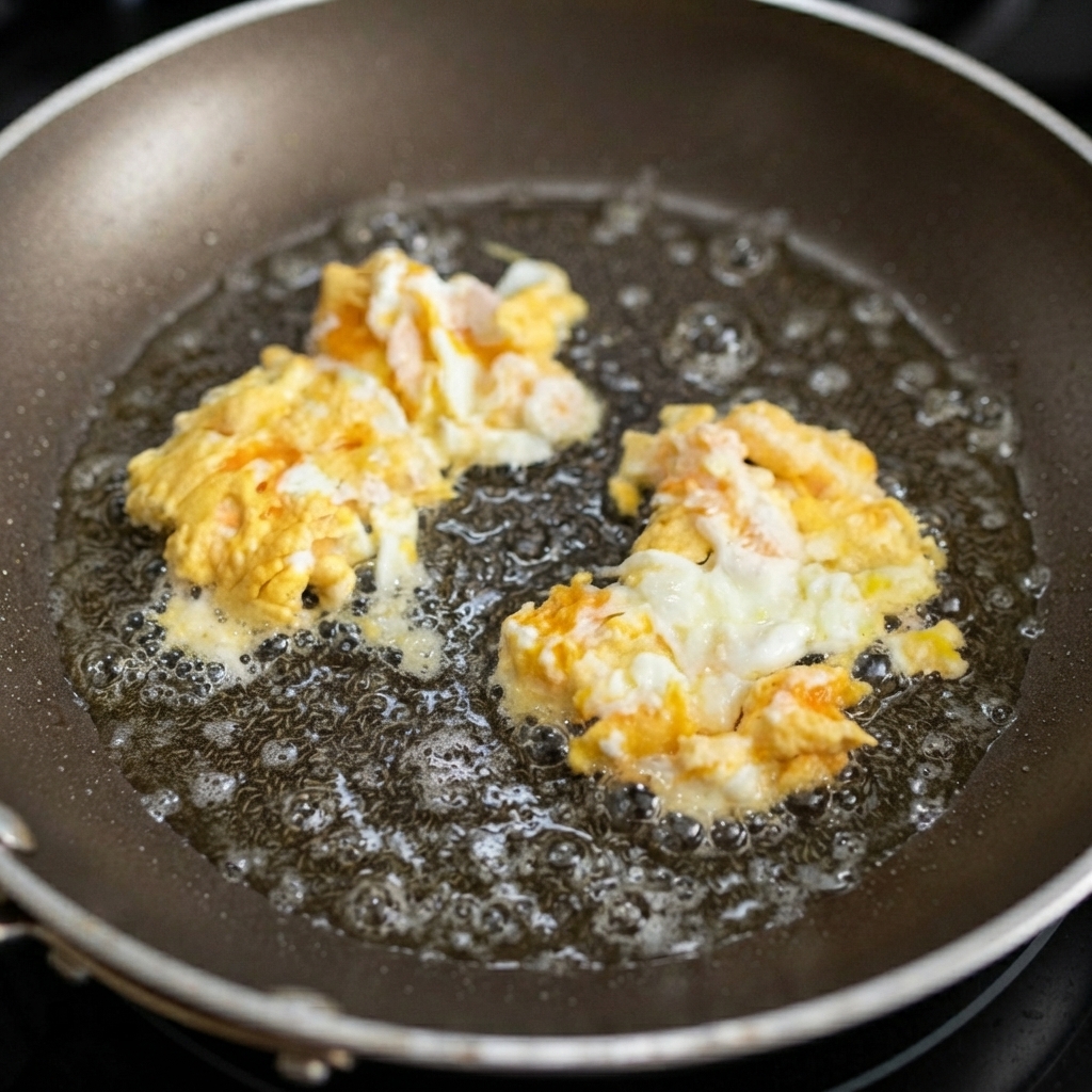 Huevos revueltos cocinándose en una sartén caliente con aceite y burbujas alrededor de los bordes.
