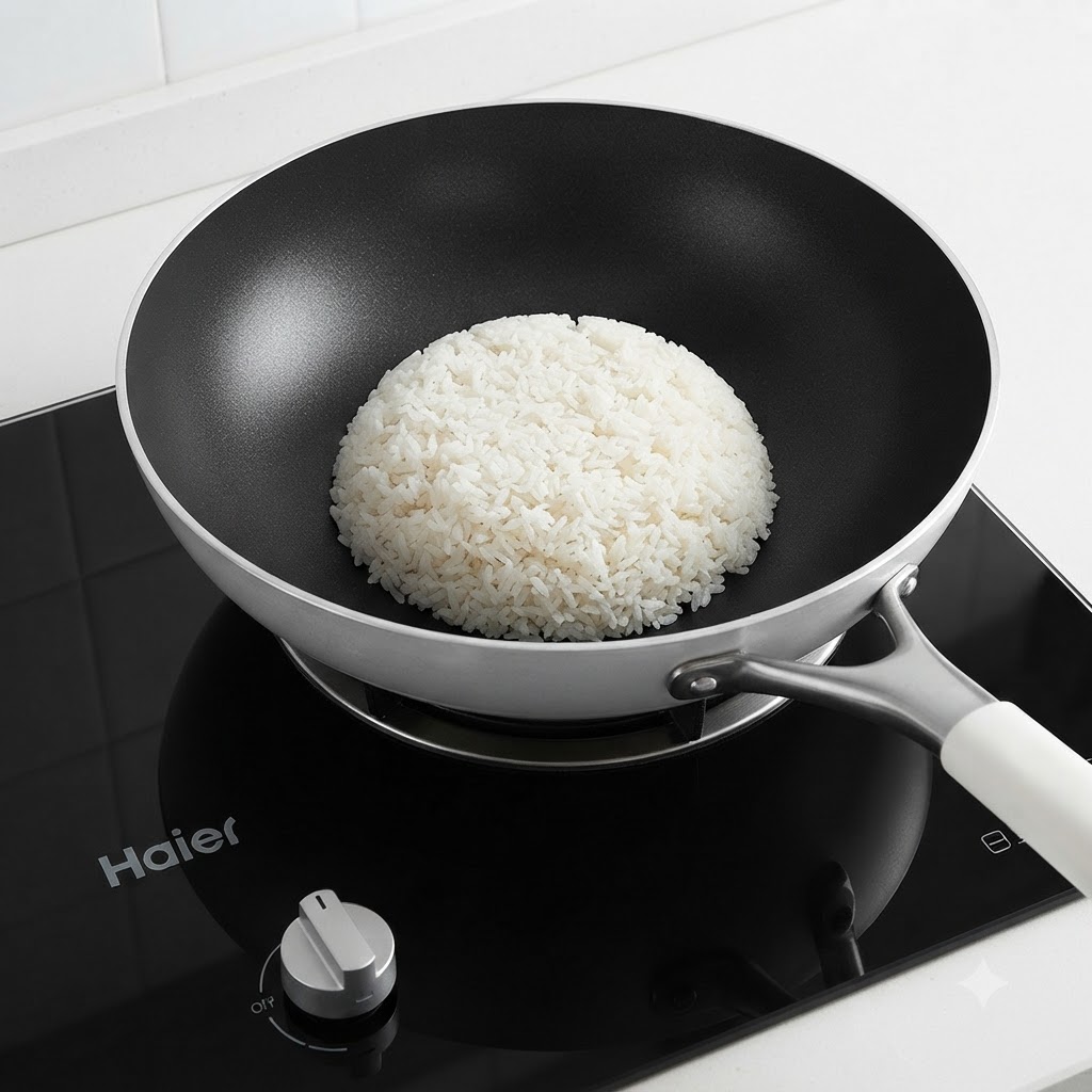 Arroz blanco sobrante, trozos de ternera y huevos revueltos en un wok grande listos para ser salteados.