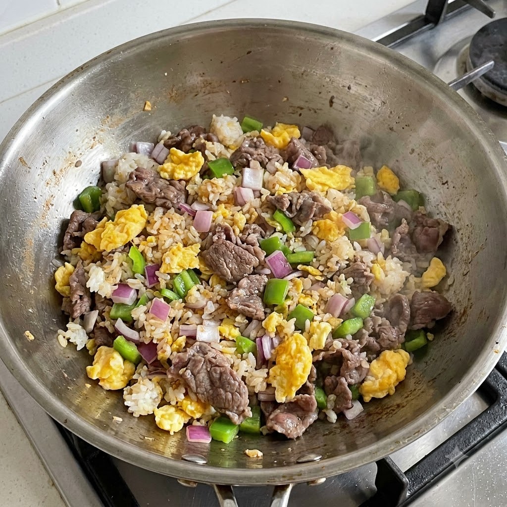 Cebollas rojas cortadas en cubitos, pimientos verdes, ternera cocida, huevos revueltos y arroz salteándose juntos en un wok grande.